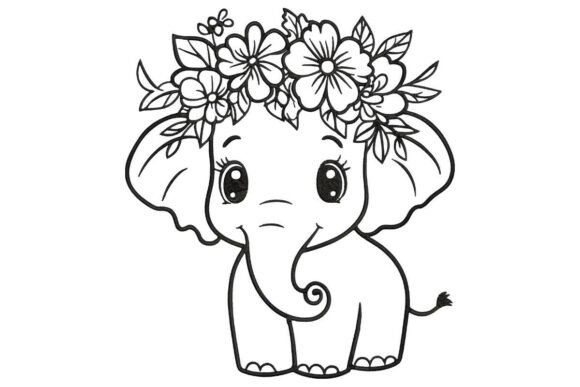 Cute Baby Elephant with Flower Crown Line Art: Designer Review