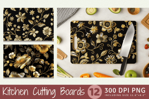 Gold Flowers Embroidery Cutting Boards S for Etsy Shops