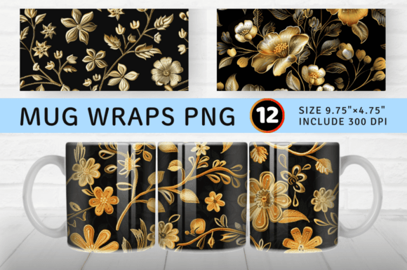 Gold Flowers Embroidery Mug Wrap Sublima